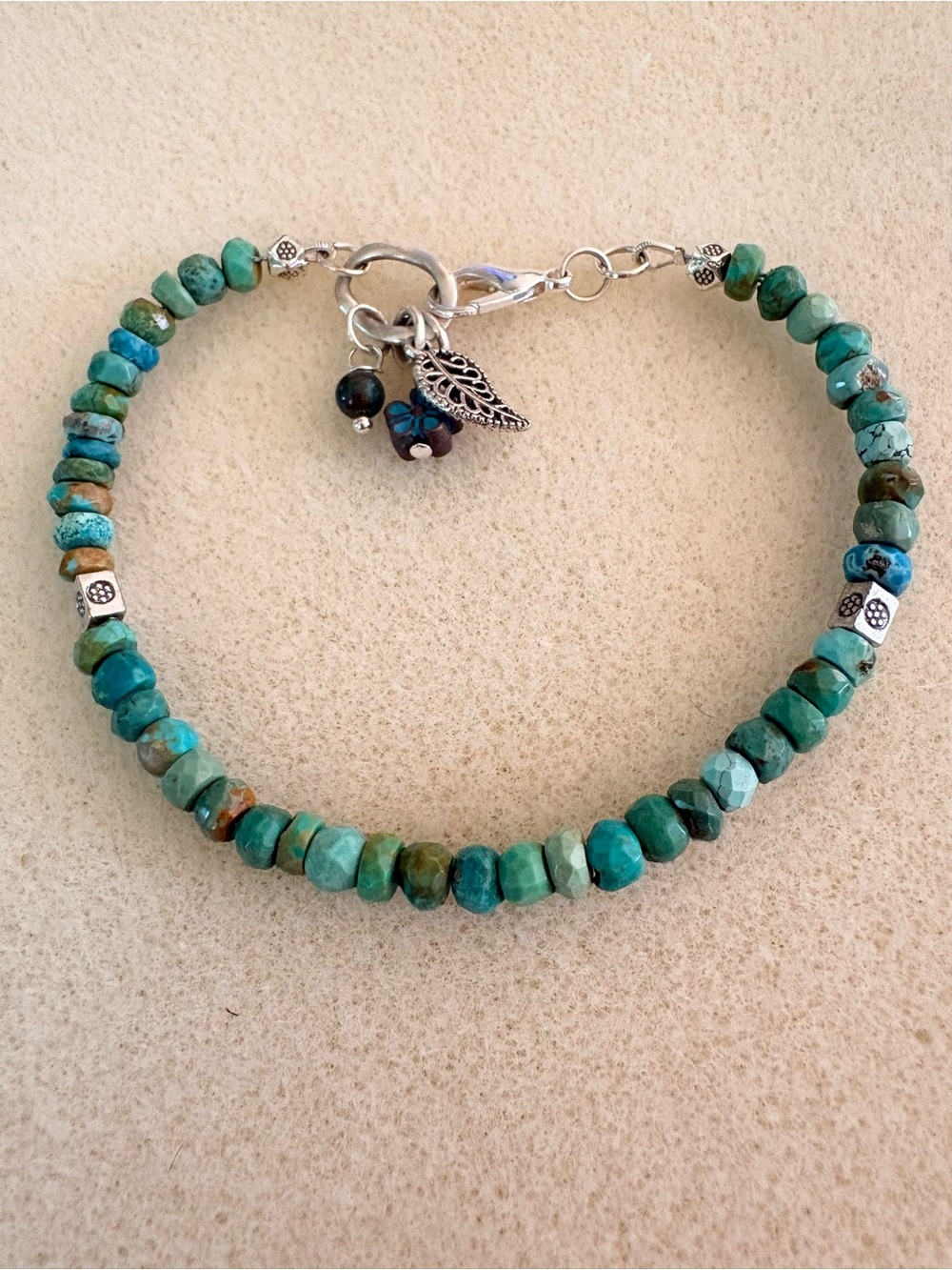 Raw Turquoise gemstone Beaded Women's Bracelet with Leaf Charm
